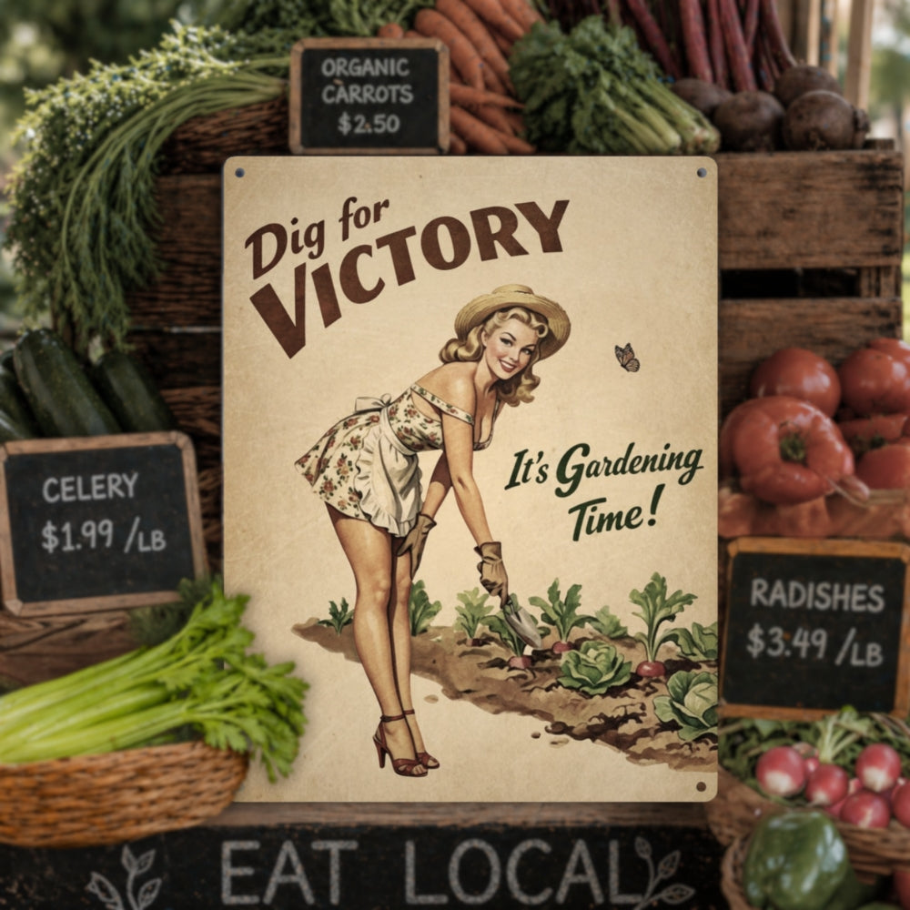 Vintage-style sign with a woman gardening surrounded by vegetables and pricing signs.