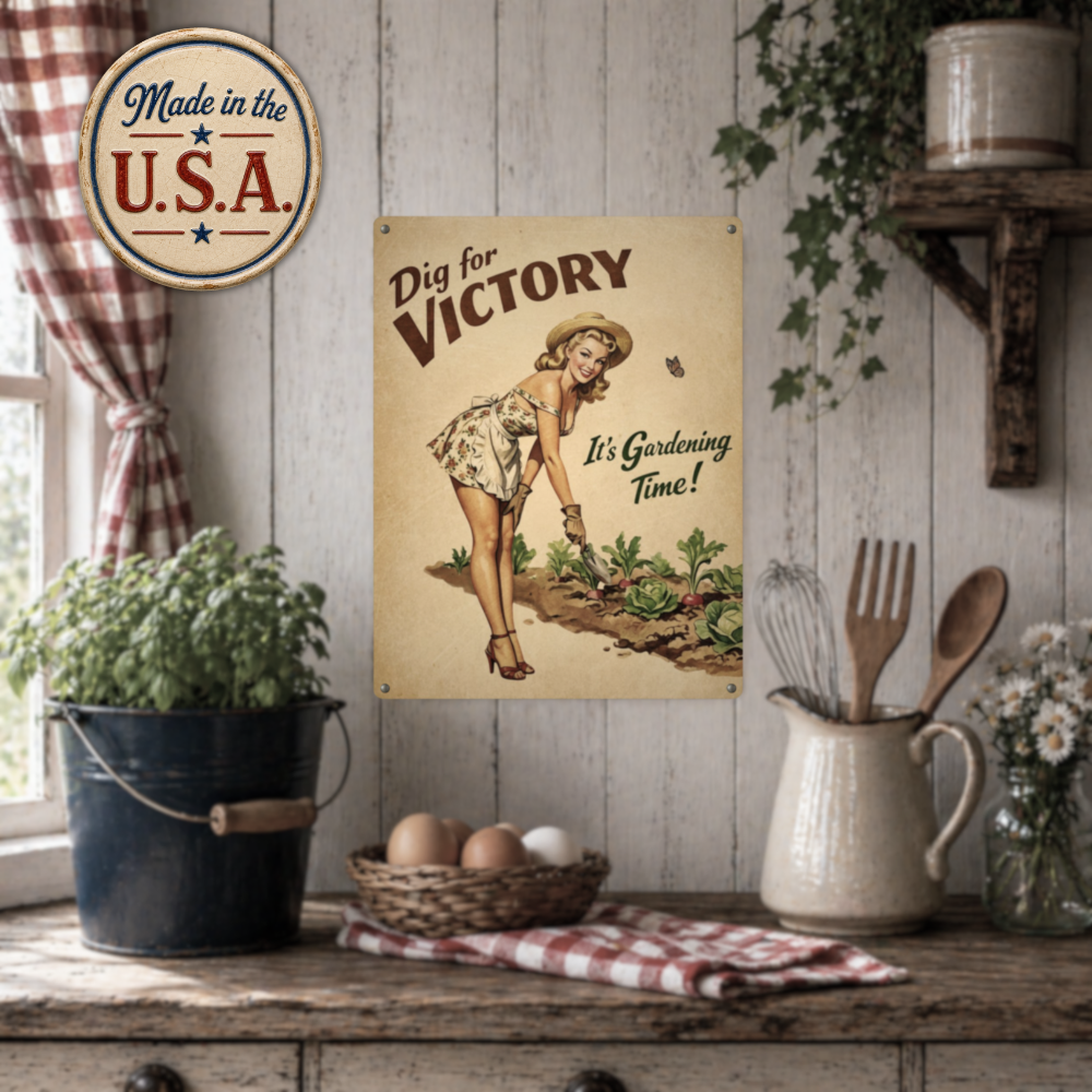 Vintage-style 'Dig for Victory' poster on a wooden shelf with kitchen items and decor.