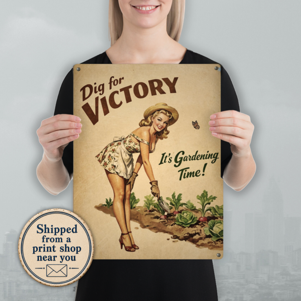 Person holding a vintage-style 'Dig for Victory' sign with a woman gardening.