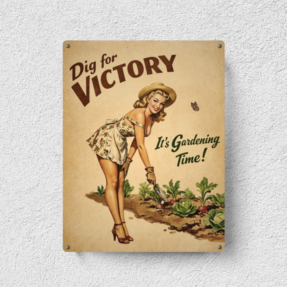 Vintage-style poster with a woman gardening and text 'Dig for Victory, It's Gardening Time!' on a textured wall.