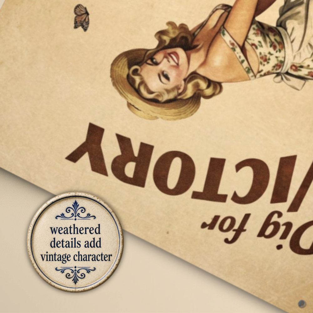 Vintage-style poster with a woman in a hat and dress, featuring the text 'Victory' and 'Dig for Victory'.