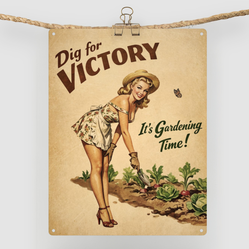 Vintage-style poster with a woman gardening and text 'Dig for Victory, It's Gardening Time!' on a beige background.