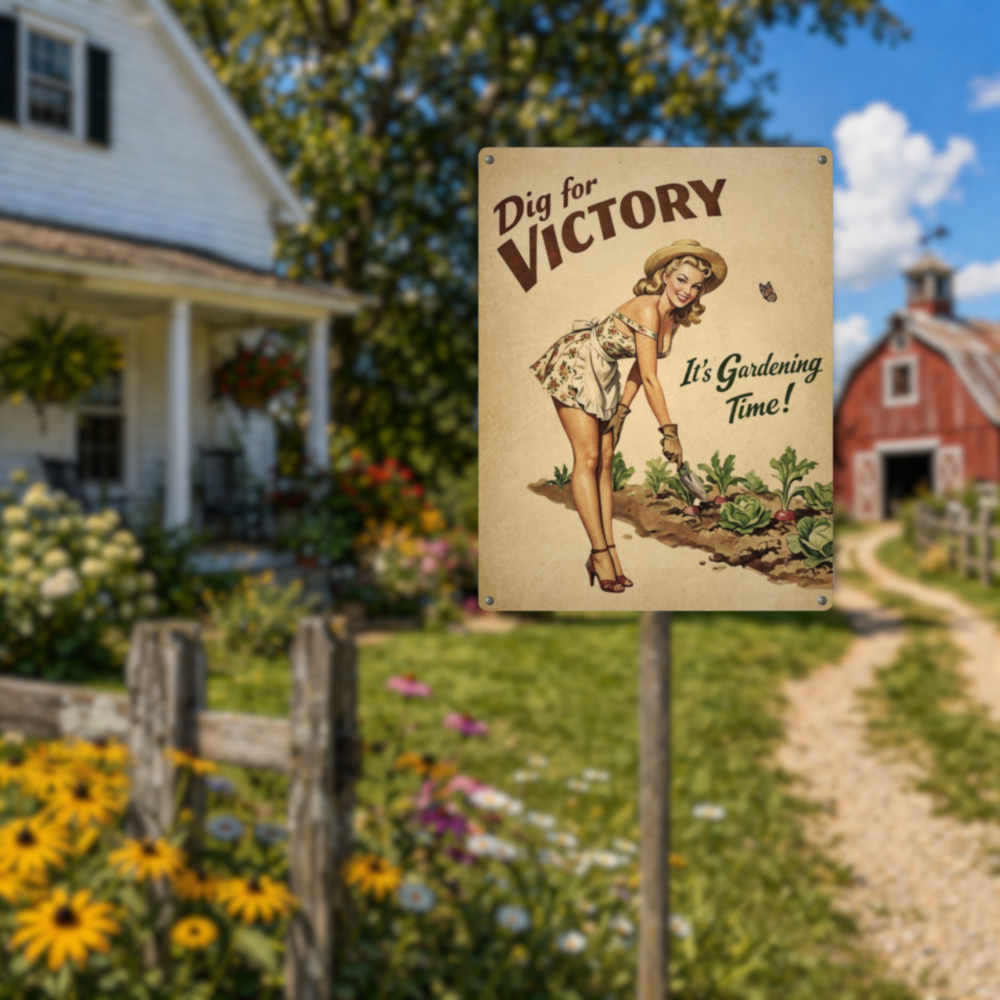 Vintage-style 'Dig for Victory' sign in a garden setting with a house and barn in the background.