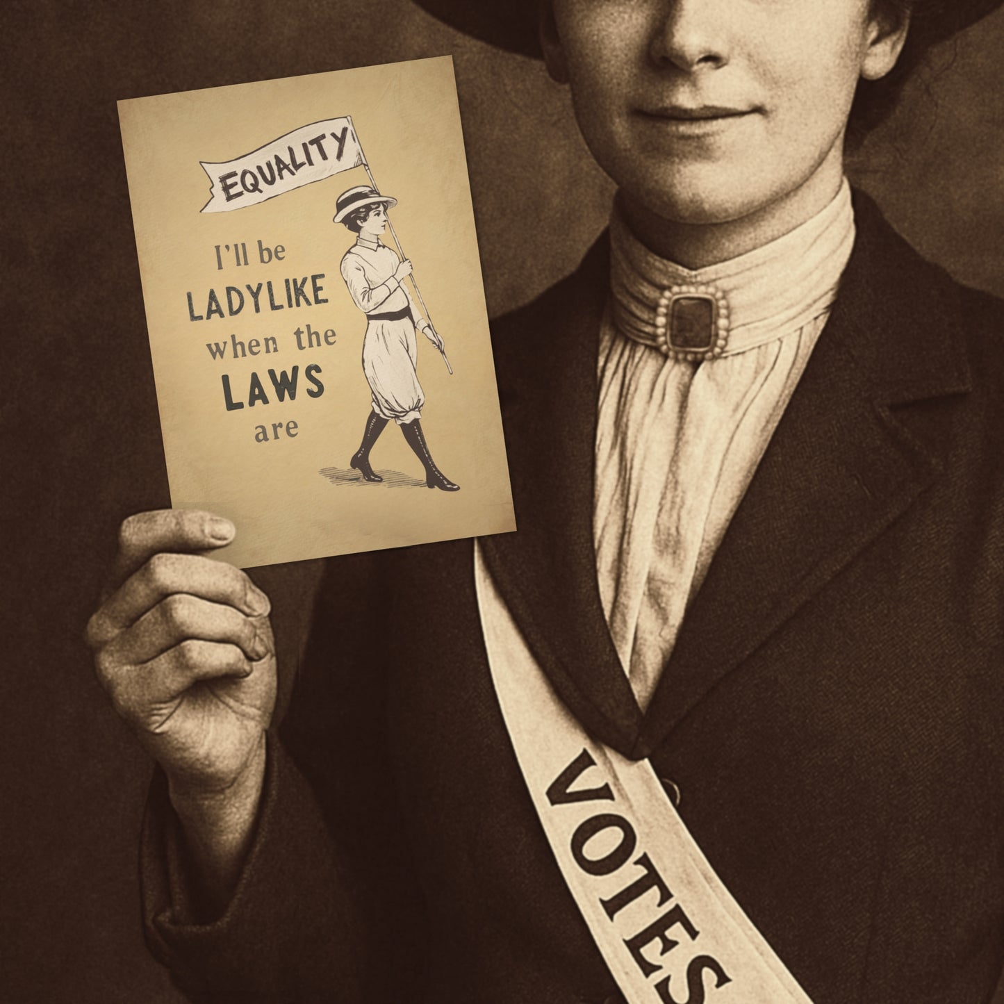 Woman holding a suffrage poster card with text and illustration, wearing a sash with 'Votes' on it.