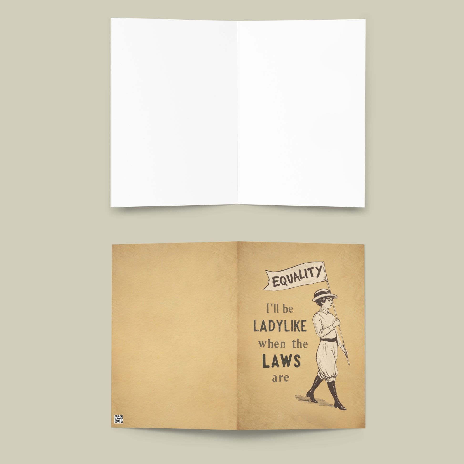 Greeting card with a vintage-style feminist illustration of a woman holding a banner and text on a beige background.