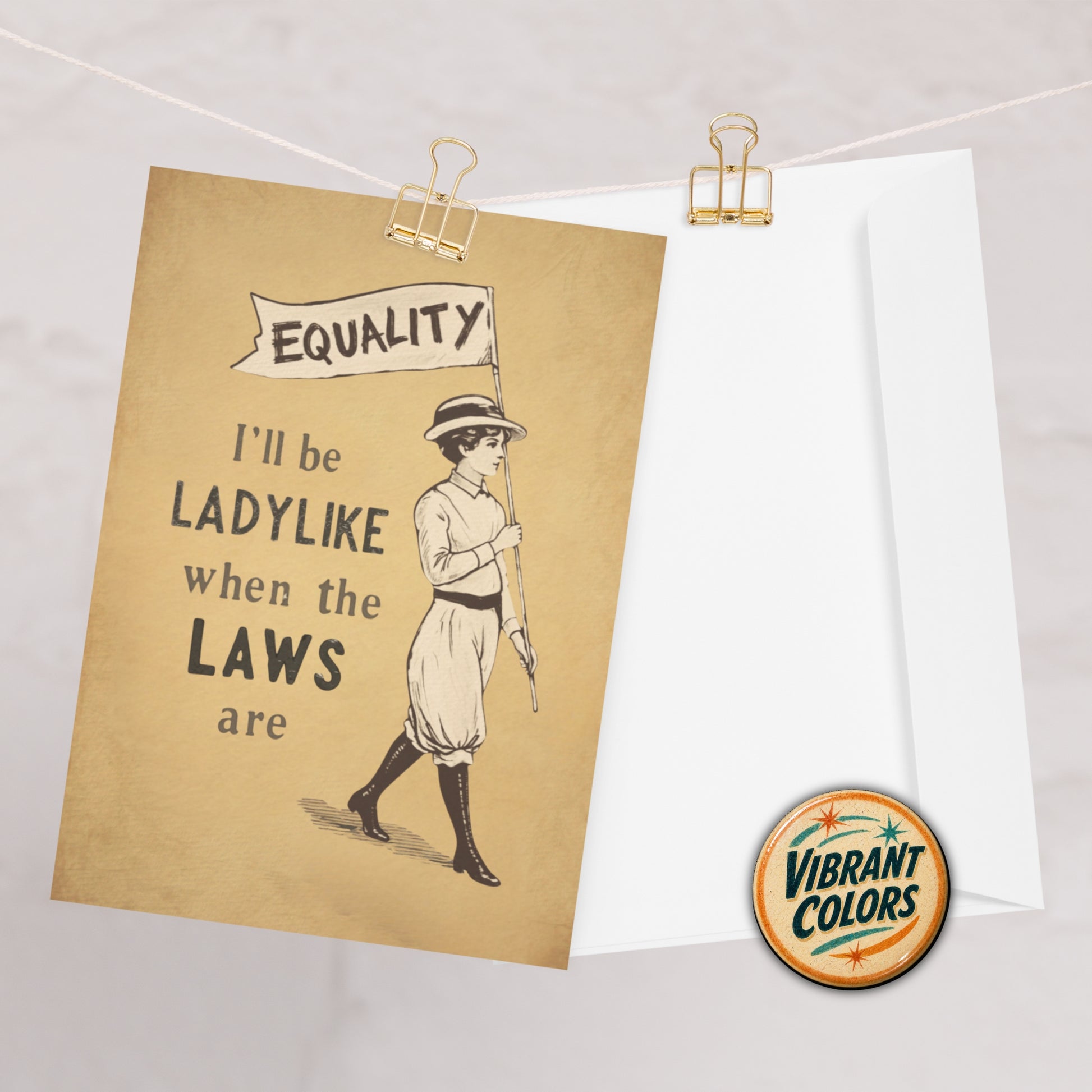 Poster with a vintage-style illustration of a woman holding a 'Equality' banner, text 'I'll be LADYLIKE when the LAWS are', and a 'Vibrant Colors' logo on a white background.