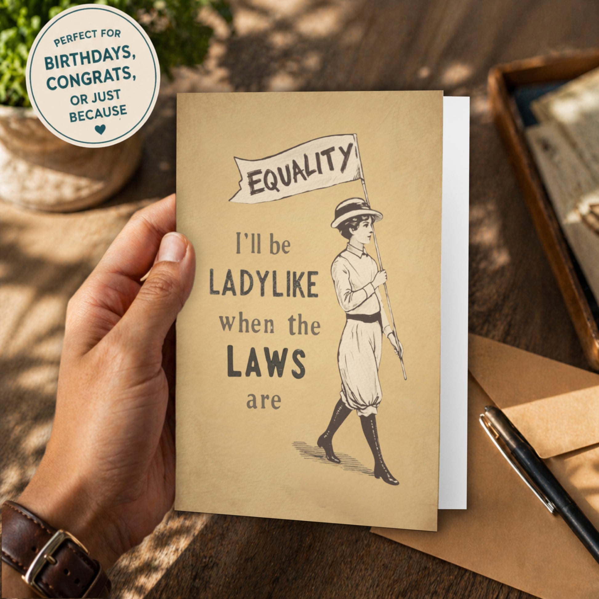 Hand holding a card with vintage-style illustration and text on a wooden surface.