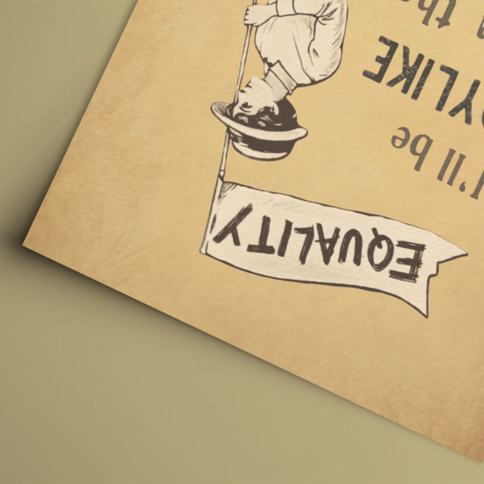 Poster with a vintage-style illustration of a person stepping on a shoe, with a banner below reading 'EQUALITY'.