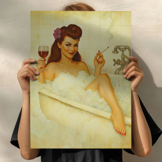Retro Bathtub Pinup Poster - Vintage Bathroom Pin Up Girl Art Print