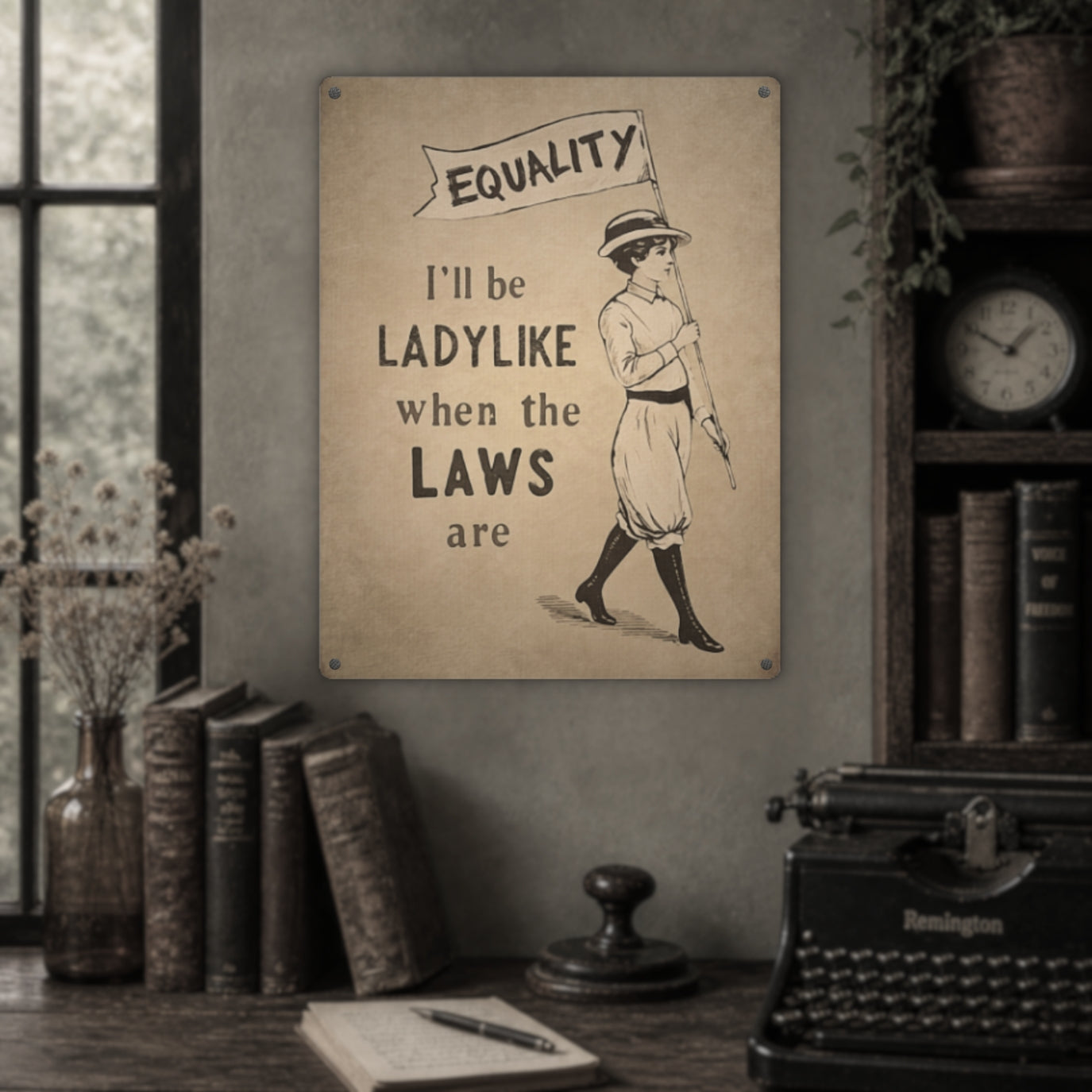 I'll be ladylike when the laws are metal sign on a vintage wall with a typewriter on a table