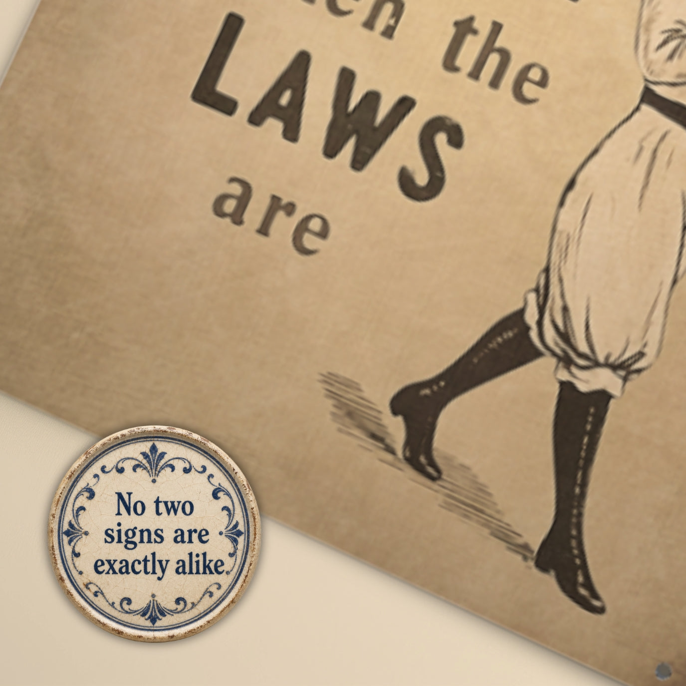 Vintage-style illustration with text 'No two signs are exactly alike' on a textured background.