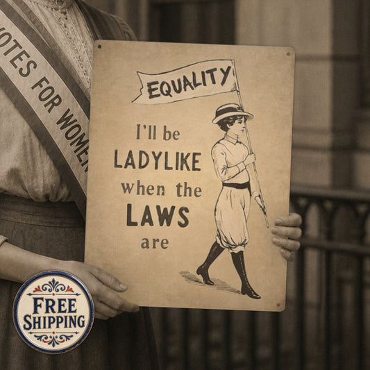 Person holding a sign advocating for equality with a sash and 'Free Shipping' logo.
