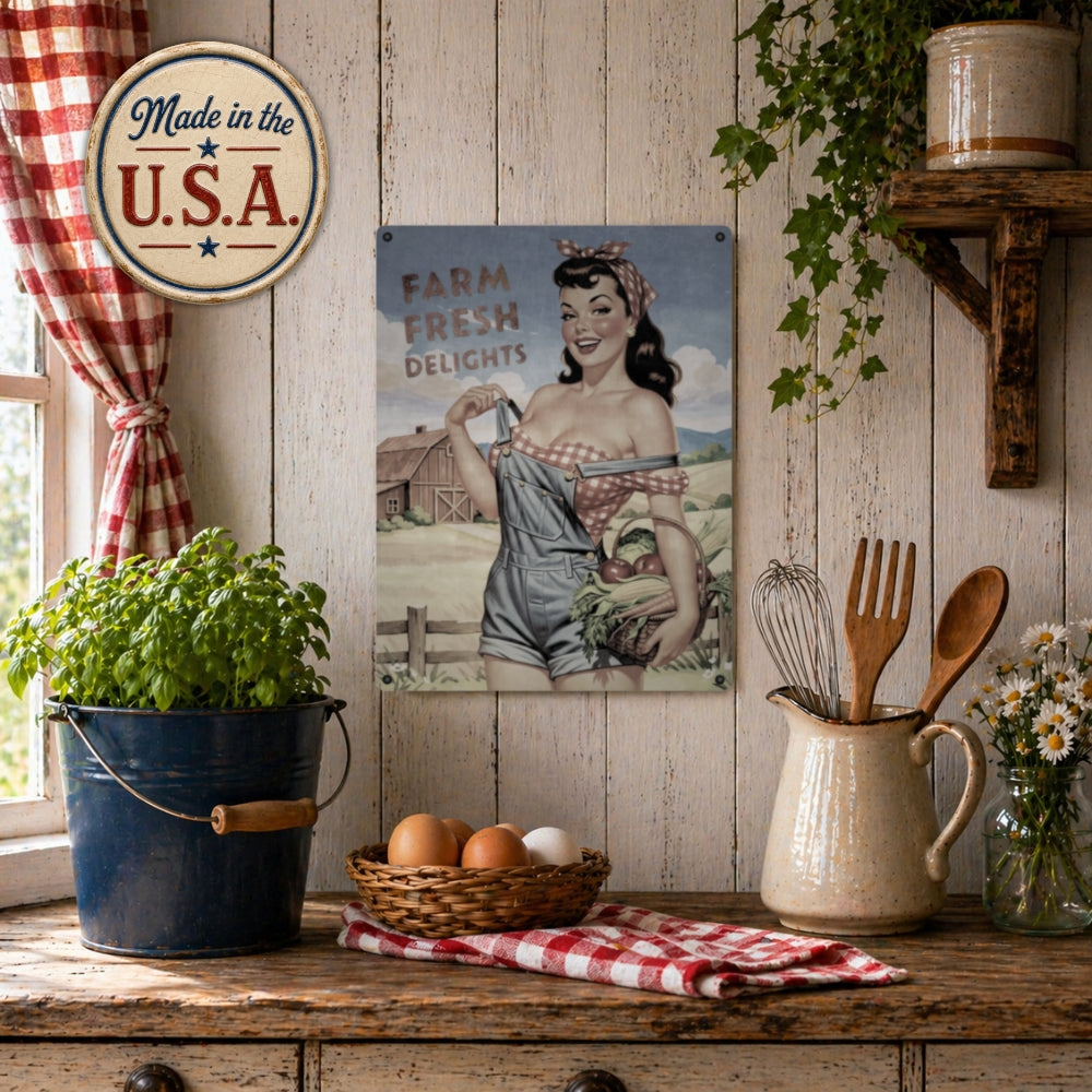 Vintage-style kitchen scene with 'Made in the U.S.A.' sign, farm-themed pinup girl poster, and rustic decor.