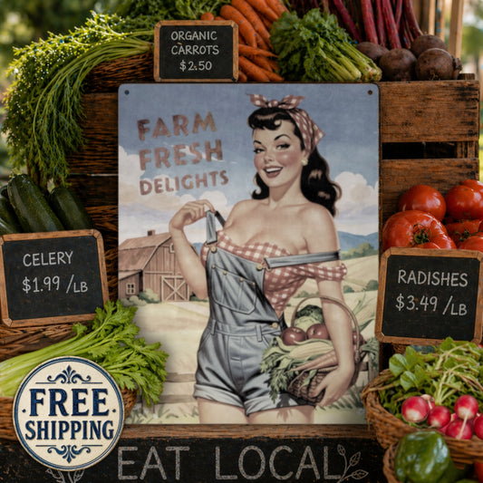 Farm Fresh Delights country pinup farm girl metal poster surrounded by vegetables and the text Free Shipping and Eat Local