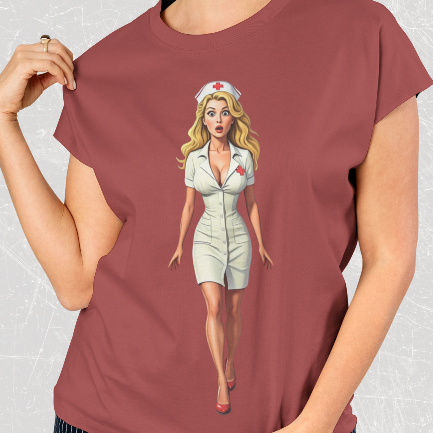 T-shirt with a graphic of a shocked nurse on a maroon background