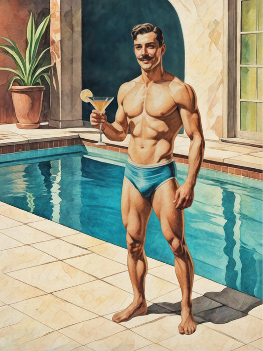 Vintage pinup boy poster with mustache man in swimwear holding martini by a pool