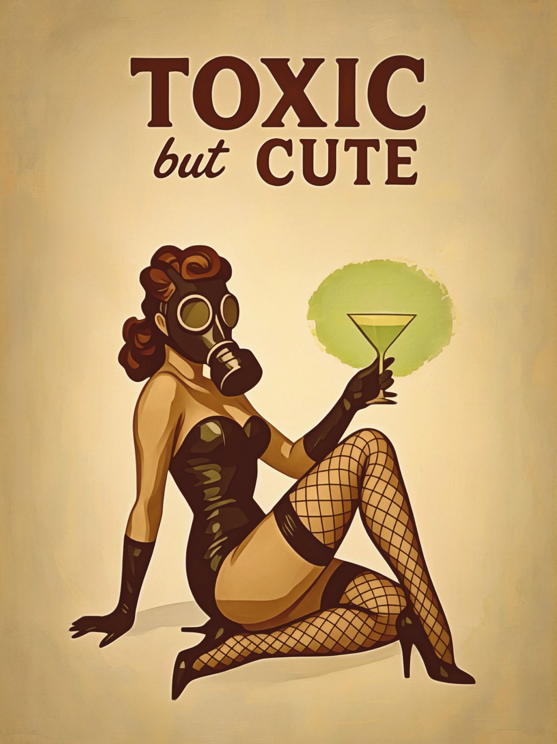 Toxic But Cute Retro Pinup Girl poster with gas mask and radioactive martini