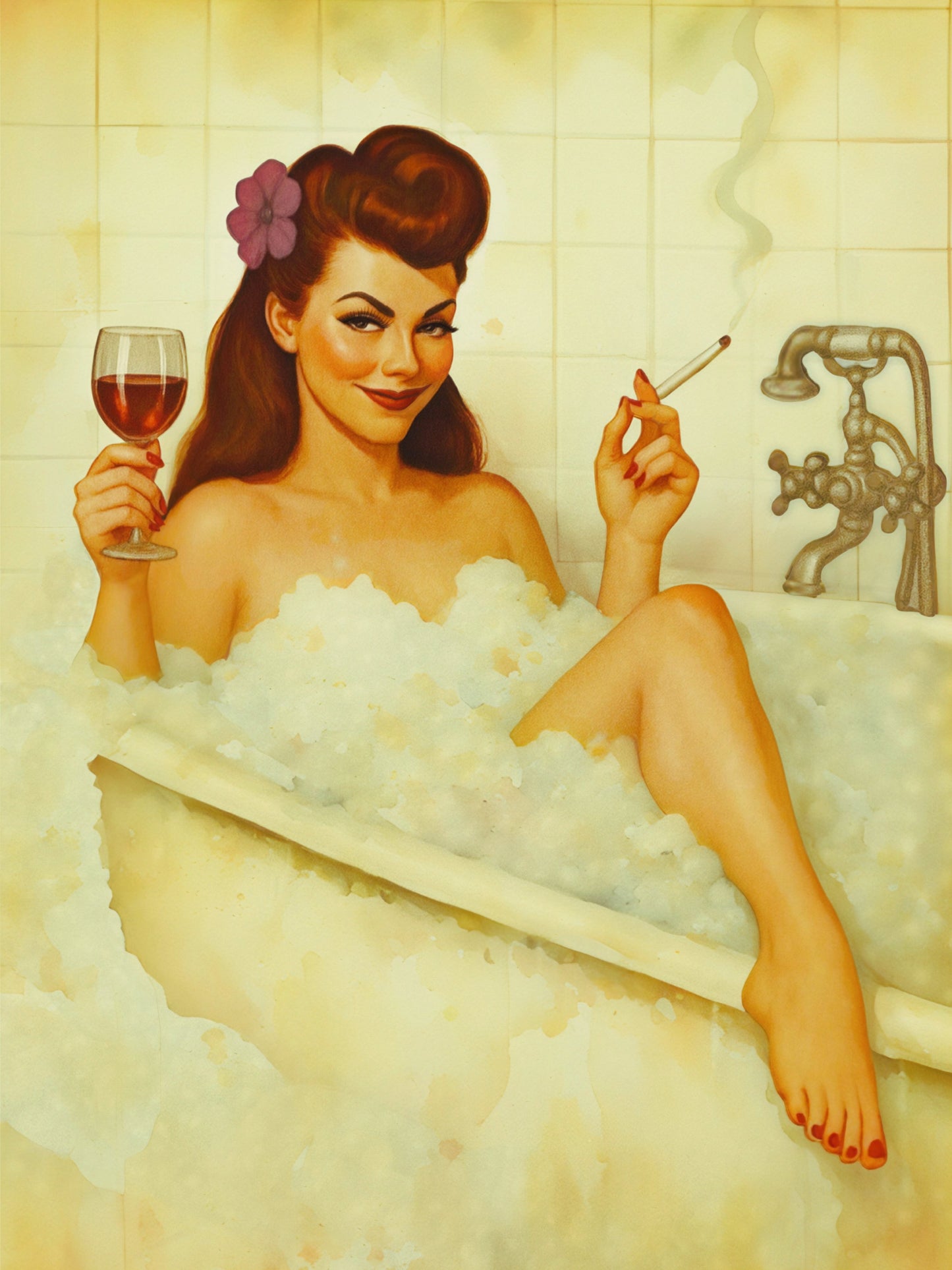 Vintage bathroom pinup giel poster of a woman in a bubble bath and holding a glass of wine and a cigarette
