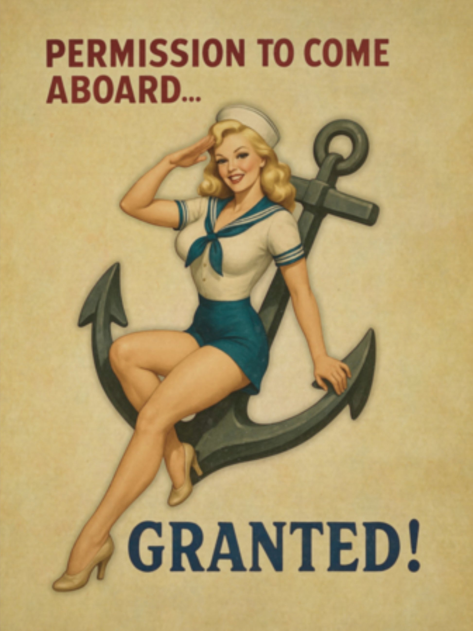 Vintage 1940s sailor pin-up girl sitting on an anchor, inspired by WWII naval nose art