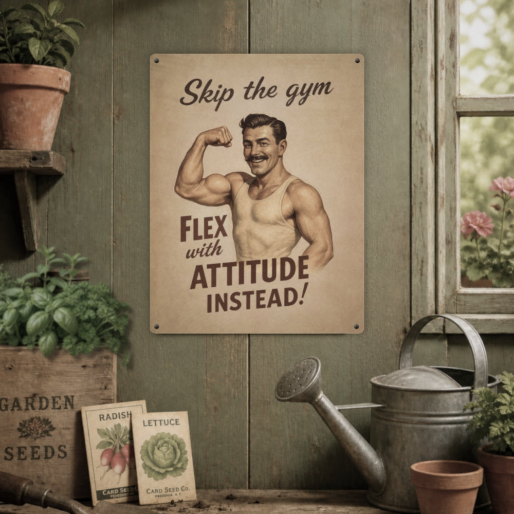 Skip the Gym, Flex with Attitude retro metal fitness humor sign in a potting shed on a wall