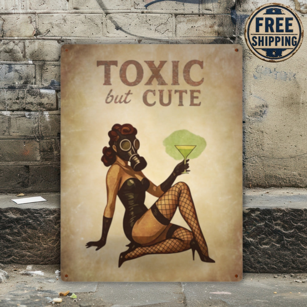 Vintage-style poster with a woman wearing a gas mask and holding a cocktail, text 'Toxic but Cute' on a textured wall background.