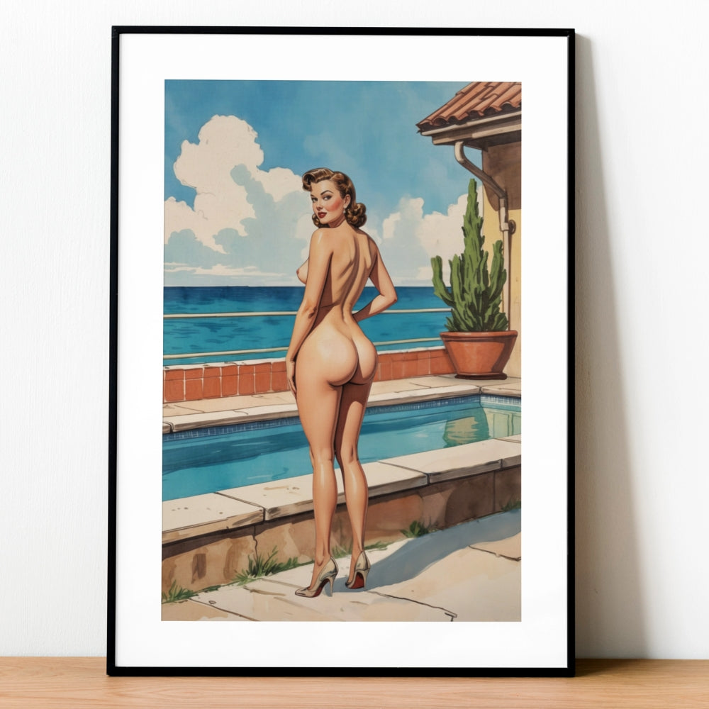 Framed artwork of a woman by a pool with a cactus plant.