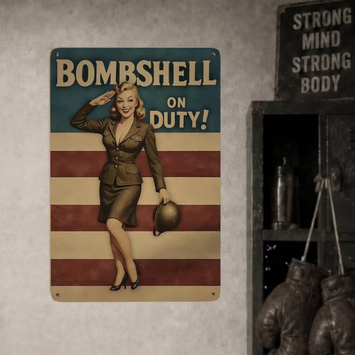 Bombshell on Duty Vintage Military Metal Sign