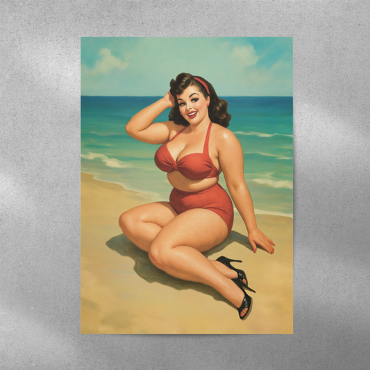 Vintage Plus Size Pin-Up Poster - Curvy Beach Girl Art Print