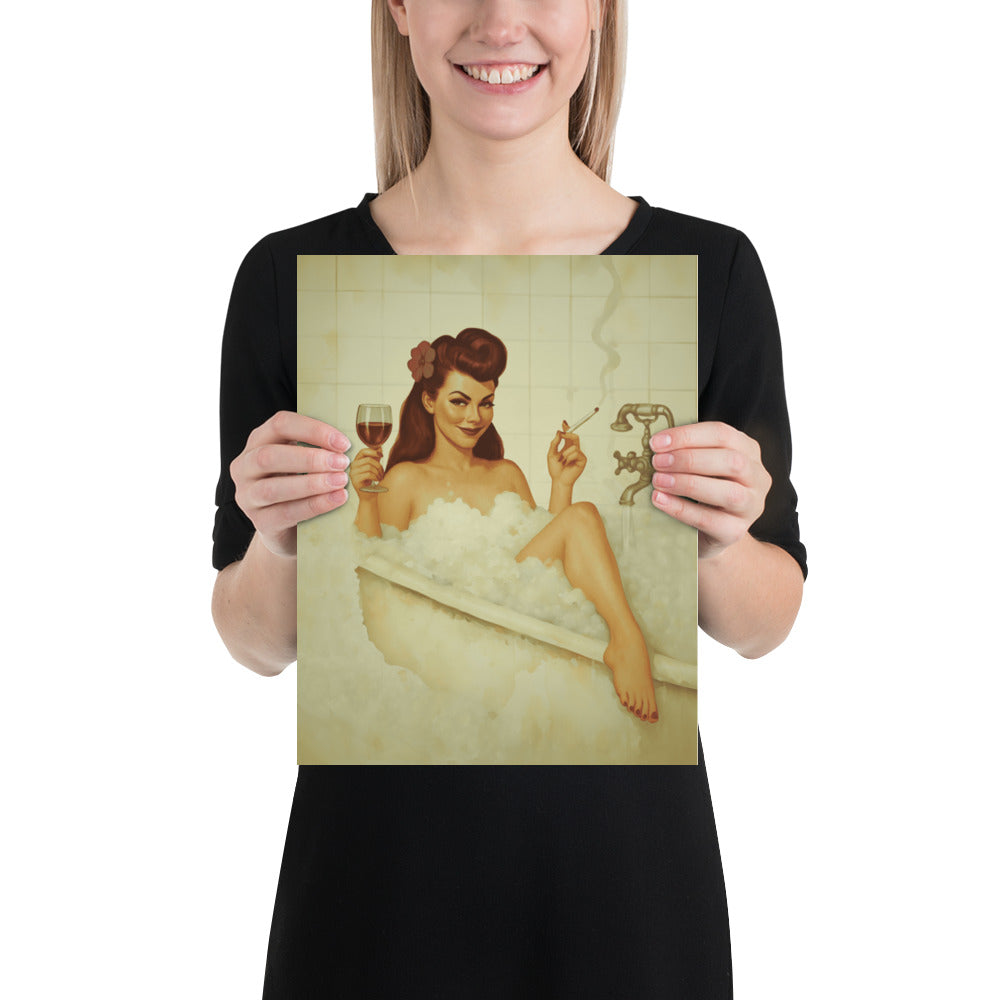 Vintage Bathroom Pin-Up Poster | Retro Bubble Bath Wall Art Print | 1940s Glamour Bathroom Decor