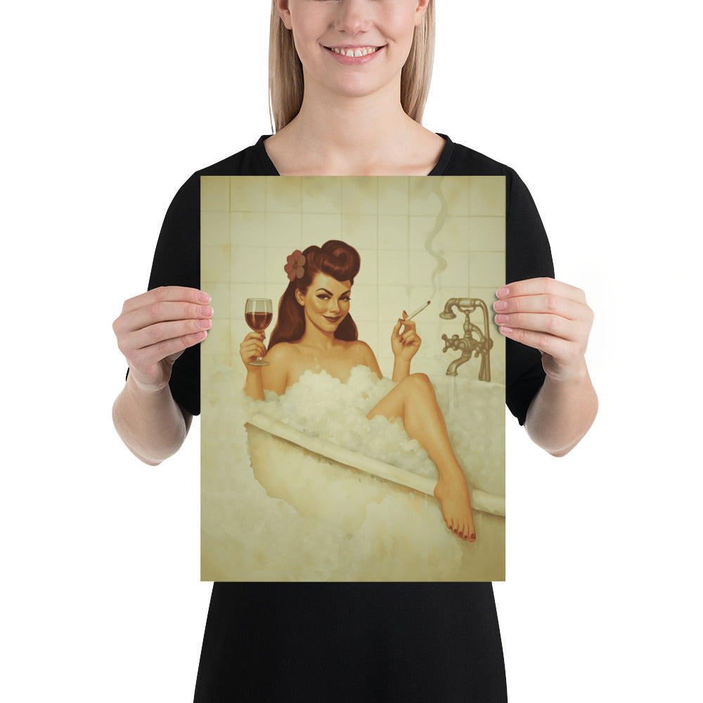 Vintage Bathroom Pin-Up Poster | Retro Bubble Bath Wall Art Print | 1940s Glamour Bathroom Decor