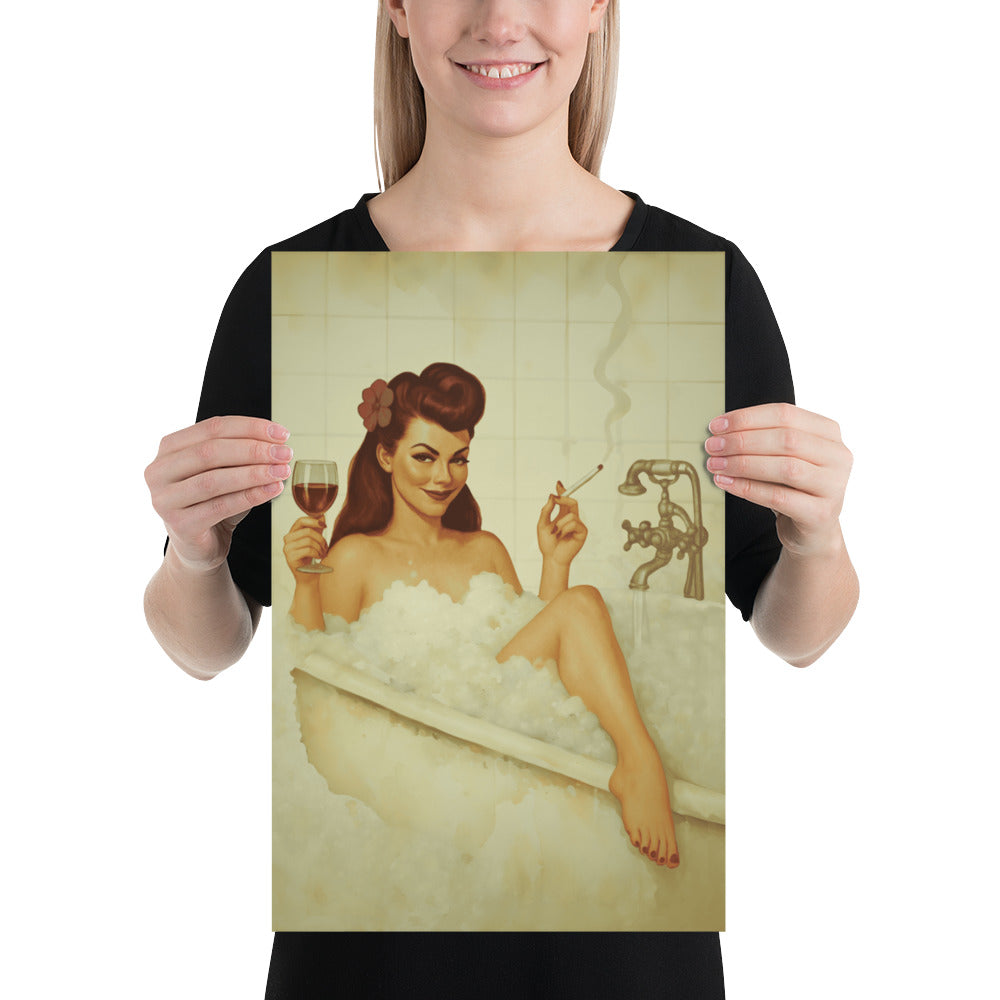 Vintage Bathroom Pin-Up Poster | Retro Bubble Bath Wall Art Print | 1940s Glamour Bathroom Decor
