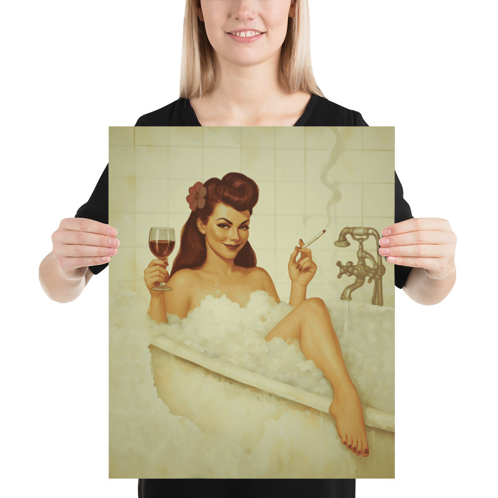 Vintage Bathroom Pin-Up Poster | Retro Bubble Bath Wall Art Print | 1940s Glamour Bathroom Decor