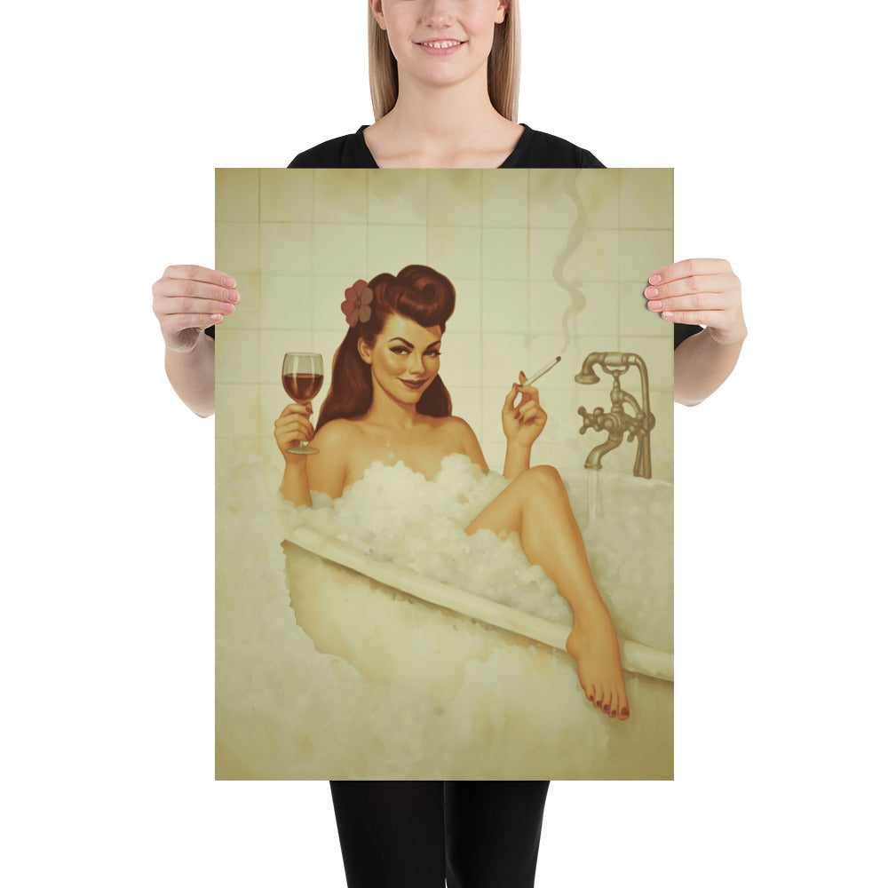 Vintage Bathroom Pin-Up Poster | Retro Bubble Bath Wall Art Print | 1940s Glamour Bathroom Decor