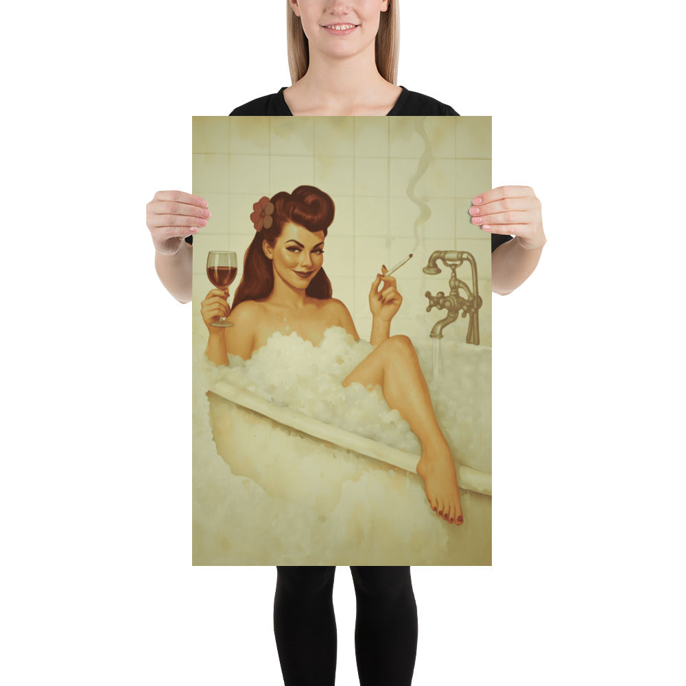 Vintage Bathroom Pin-Up Poster | Retro Bubble Bath Wall Art Print | 1940s Glamour Bathroom Decor