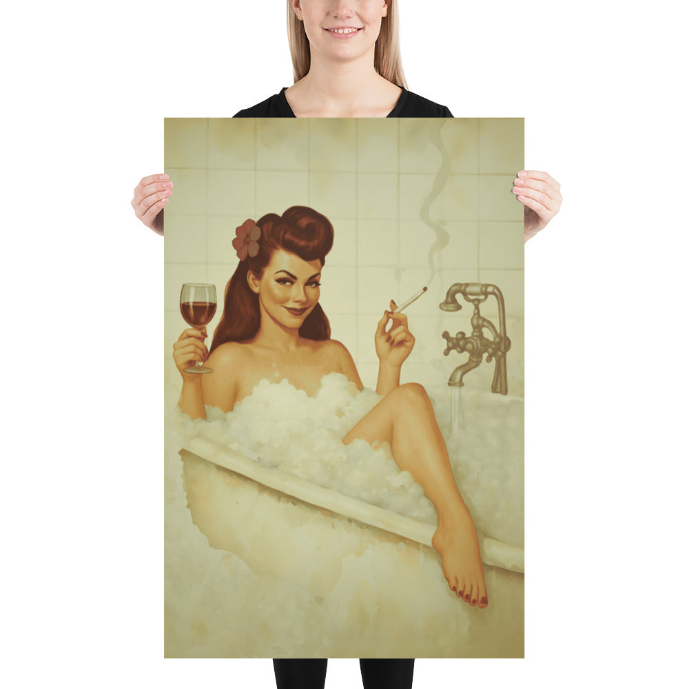 Vintage Bathroom Pin-Up Poster | Retro Bubble Bath Wall Art Print | 1940s Glamour Bathroom Decor