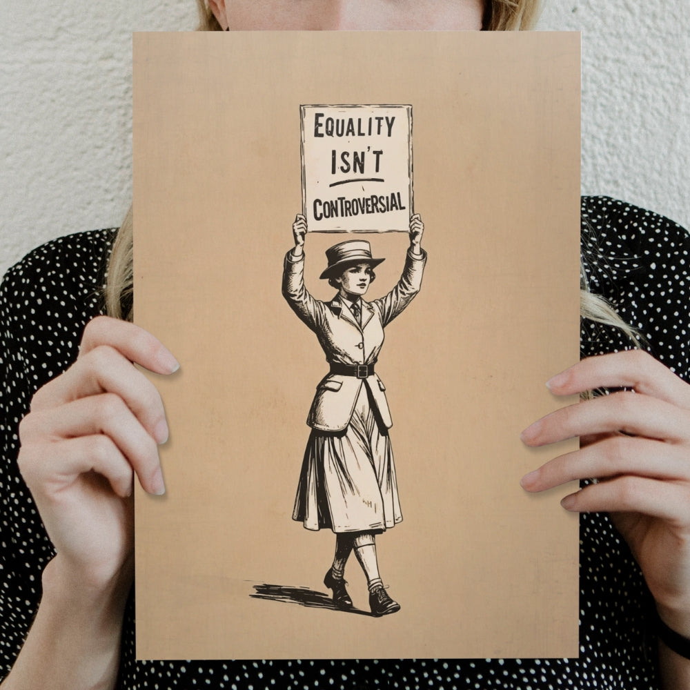 Person holding a poster with a woman holding a sign that says 'Equality Isn't Controversial' against a textured wall.