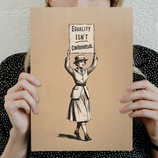Person holding a poster with a woman holding a sign that says 'Equality Isn't Controversial' against a textured wall.