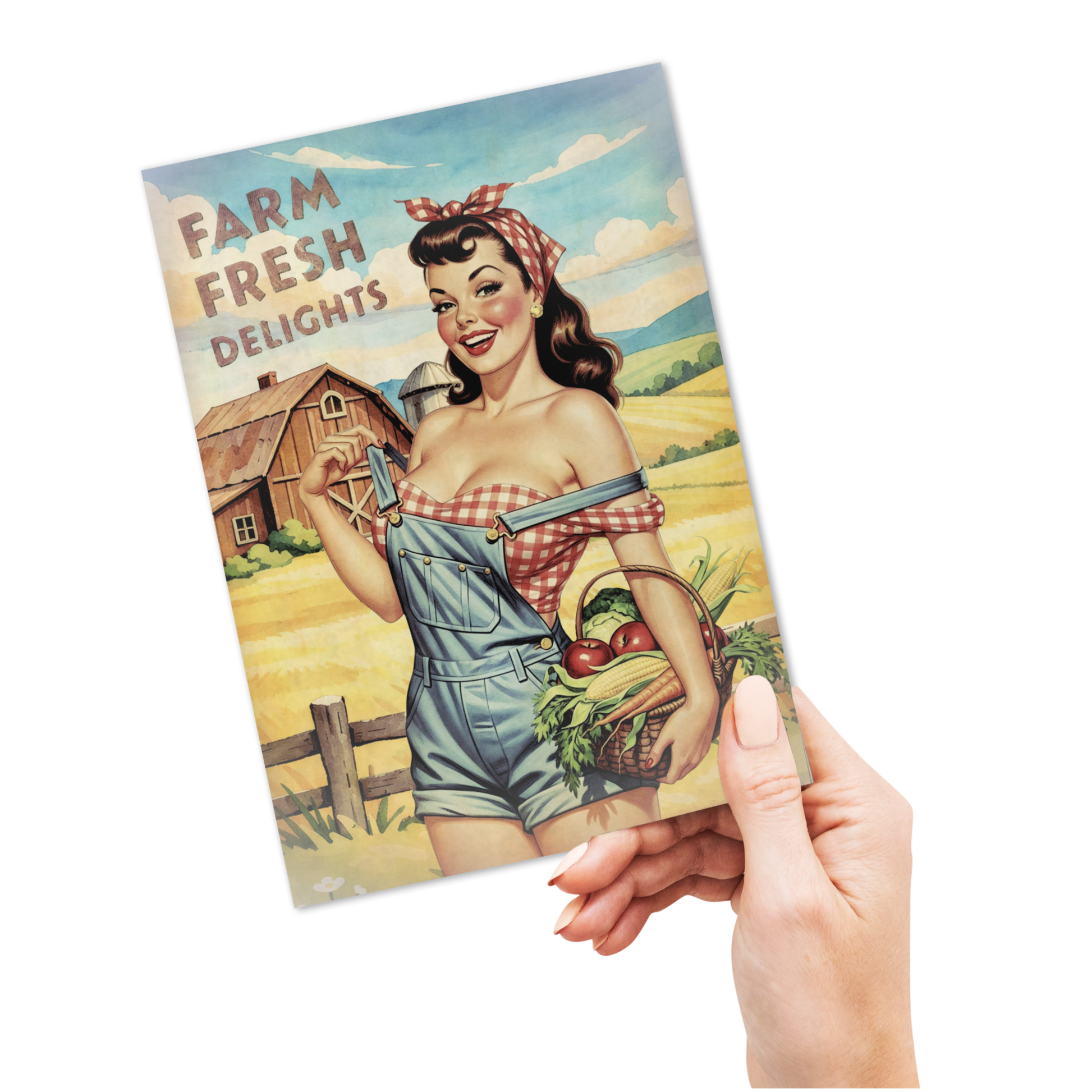 Vintage-style postcard with a pinup girl holding a basket of vegetables and 'Farm Fresh Delights' text, held by a hand.