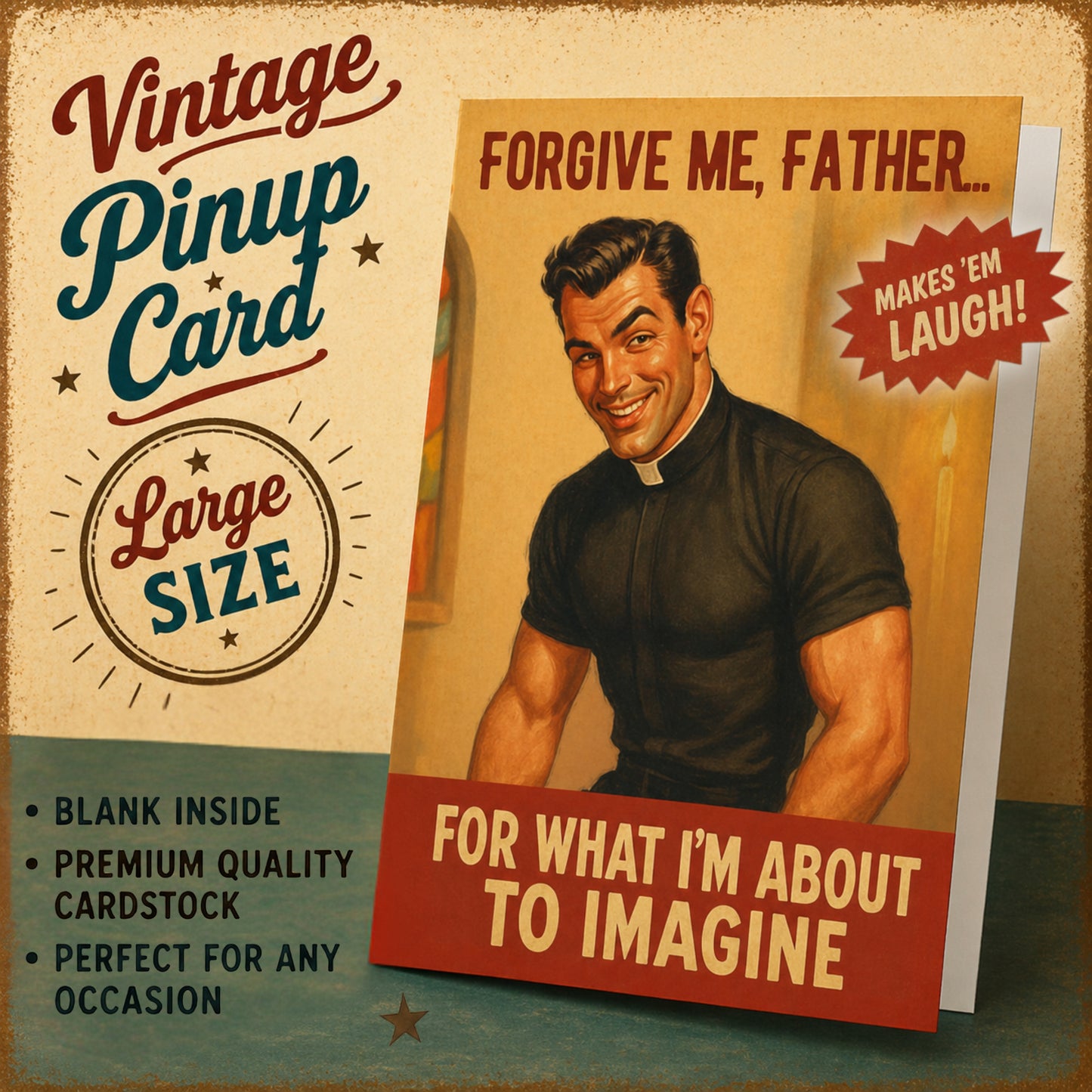 Vintage-style card with a man in a priest outfit and humorous text on a beige background.