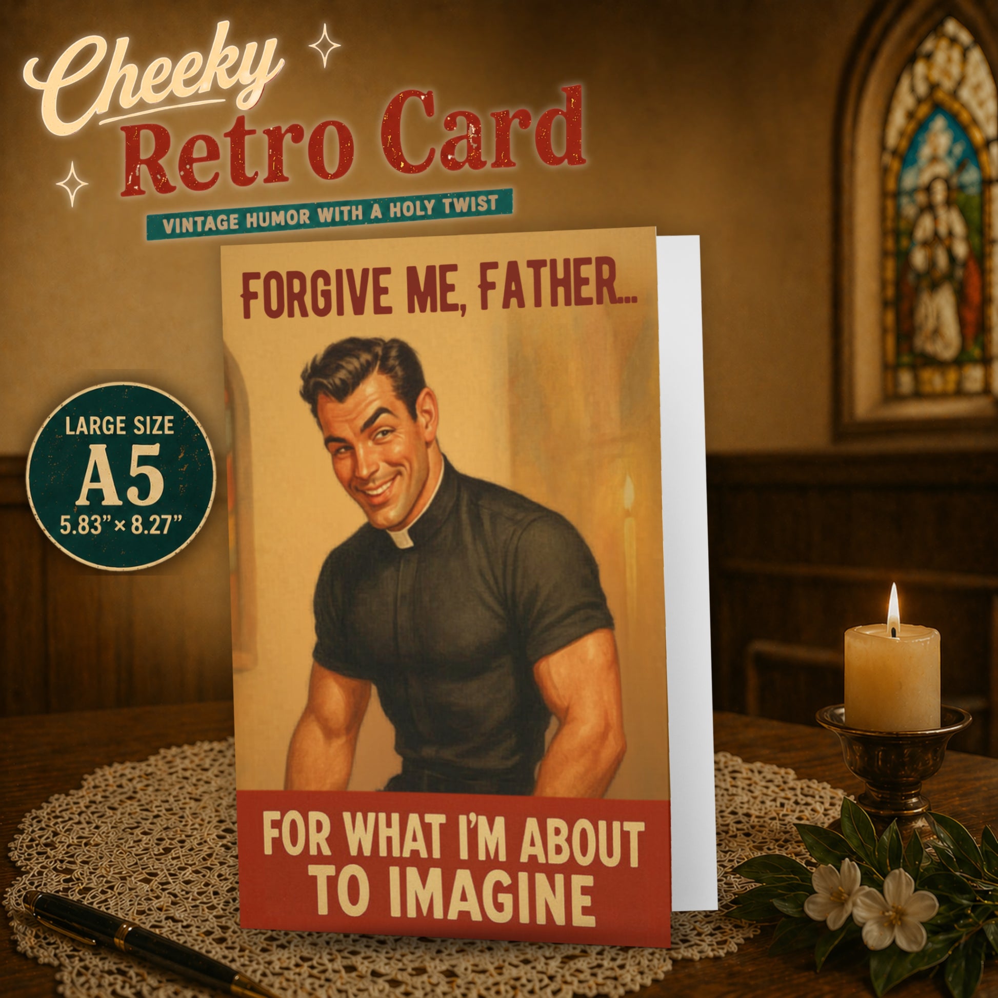 Retro-style male pinup boy card with a man in a priest outfit and humorous text, placed on a table with a candle and flowers.