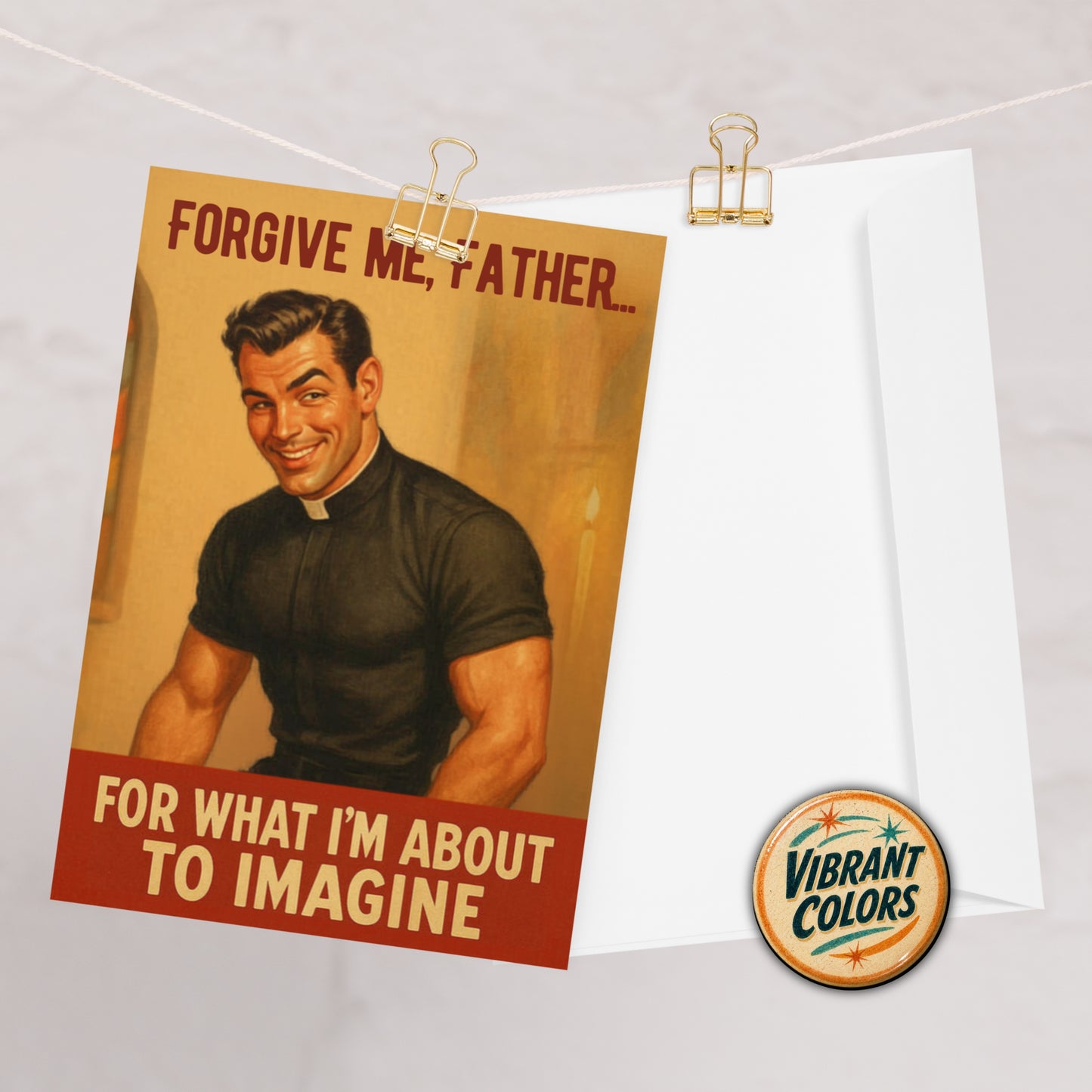 male pinup card with a man in a priest outfit and text on a white background