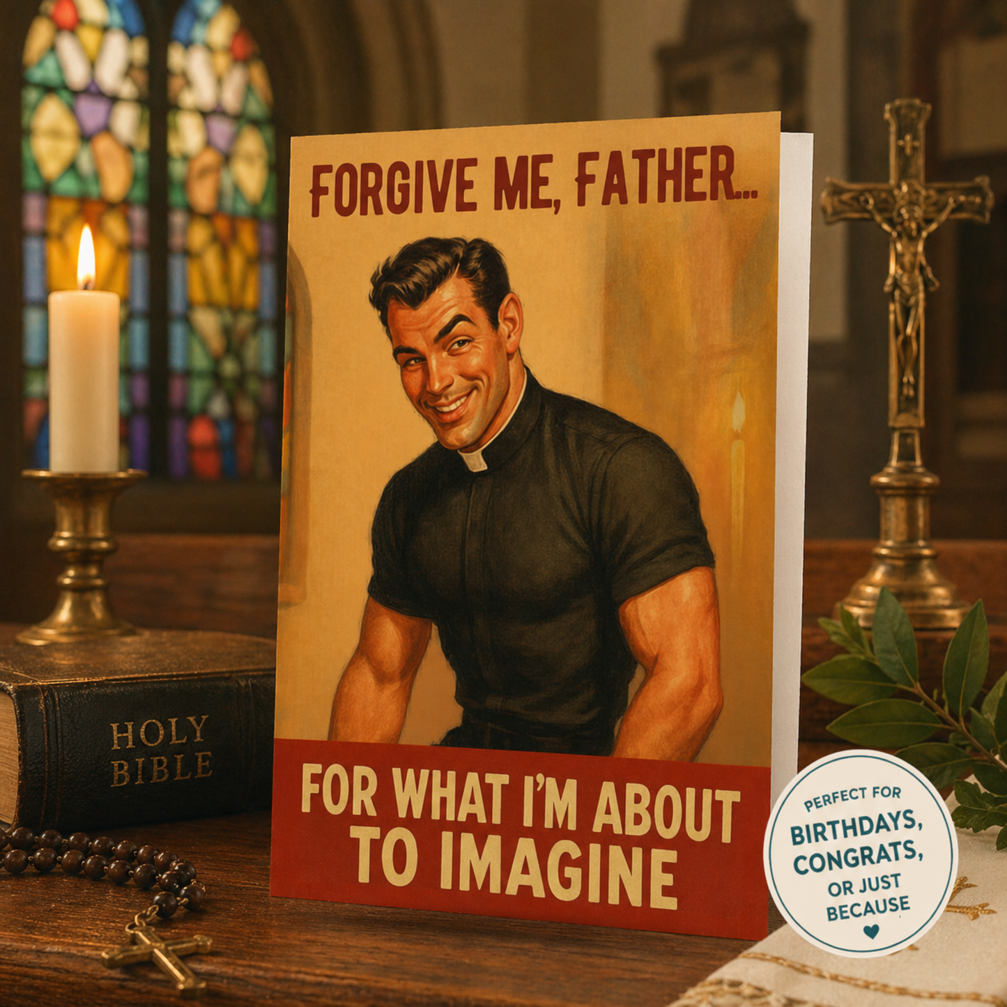 Forgive me father for what I'm about Image retro hot priest card in a church and text perfect for birthdays, congrats, or just because