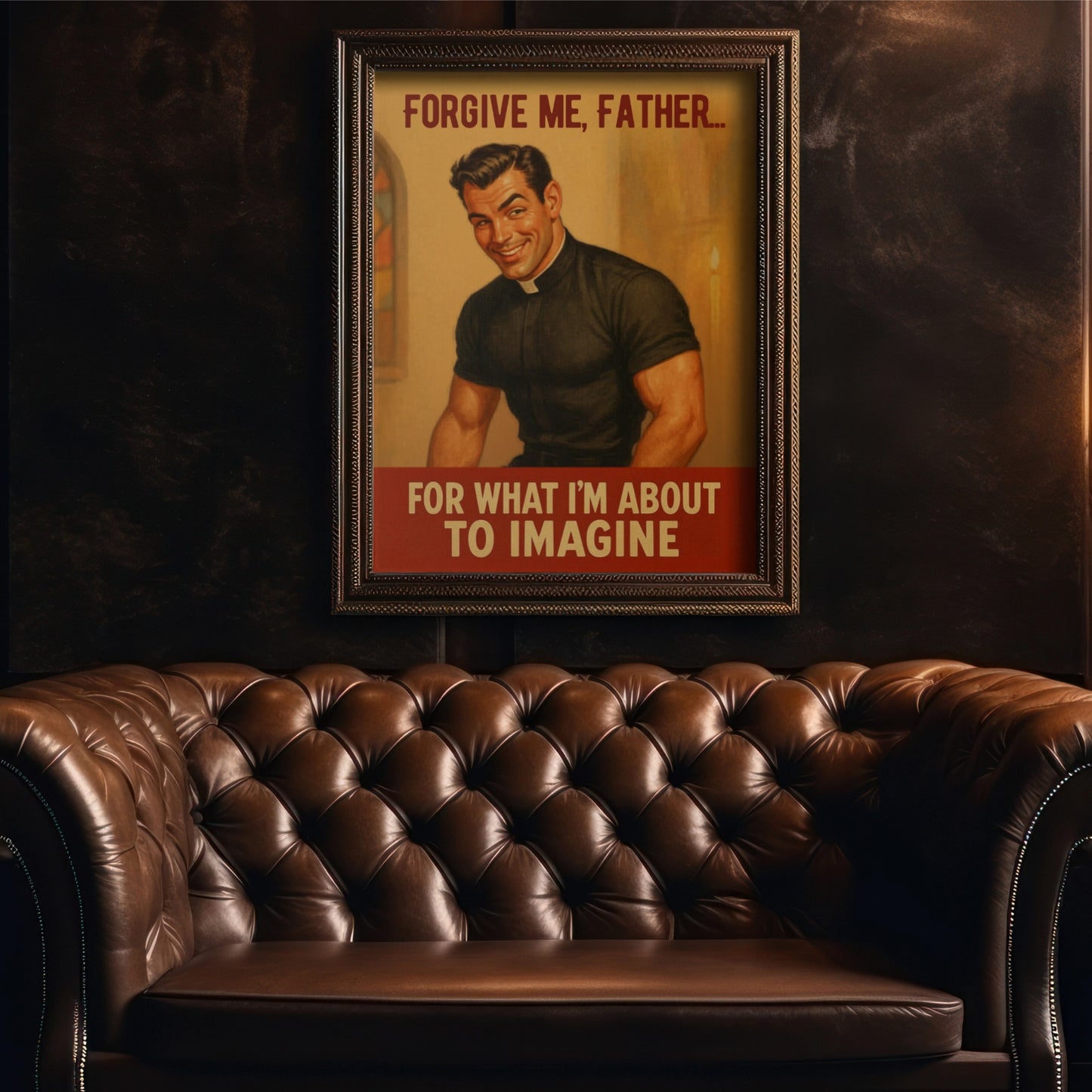Framed poster with text above a brown leather sofa