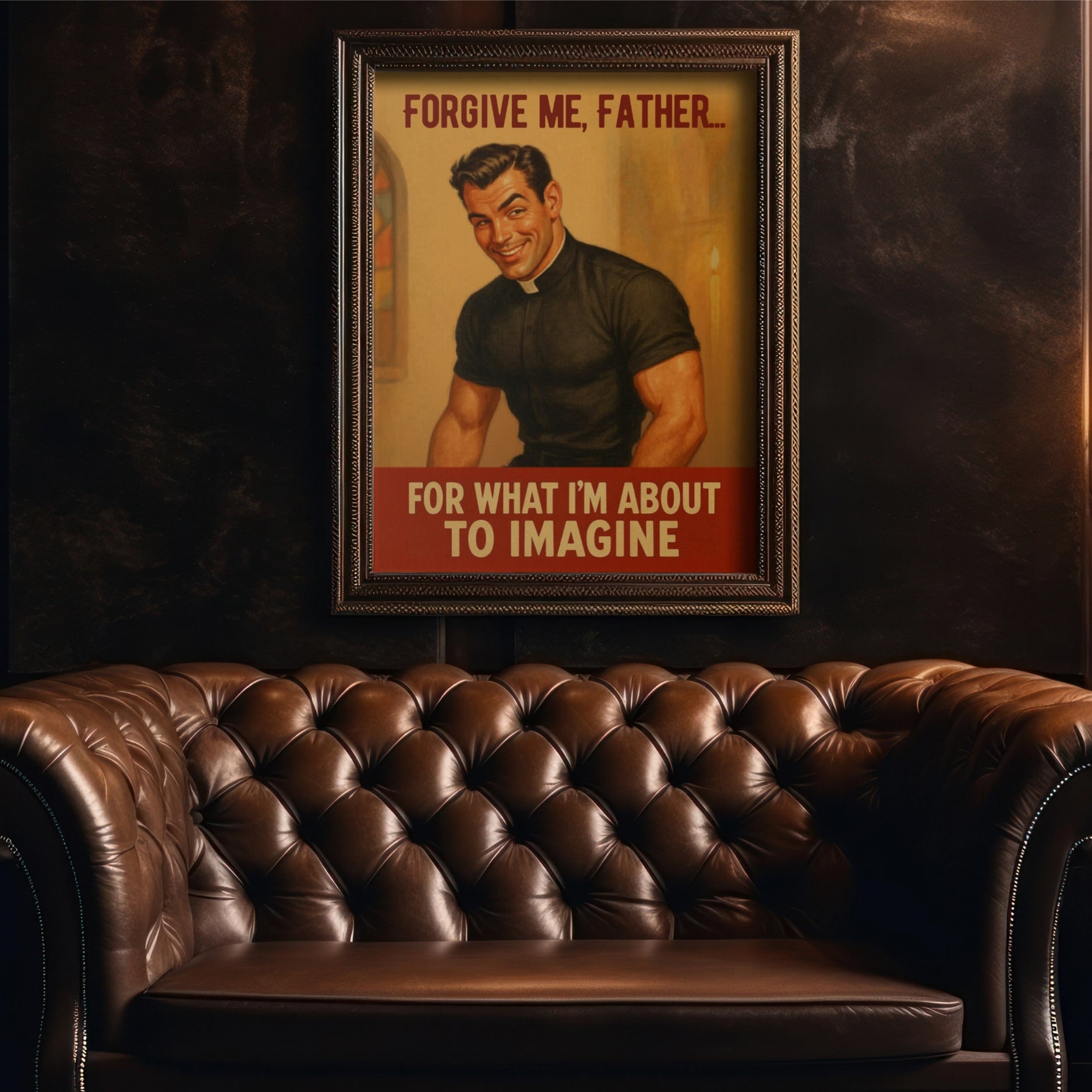 Framed poster with text above a brown leather sofa