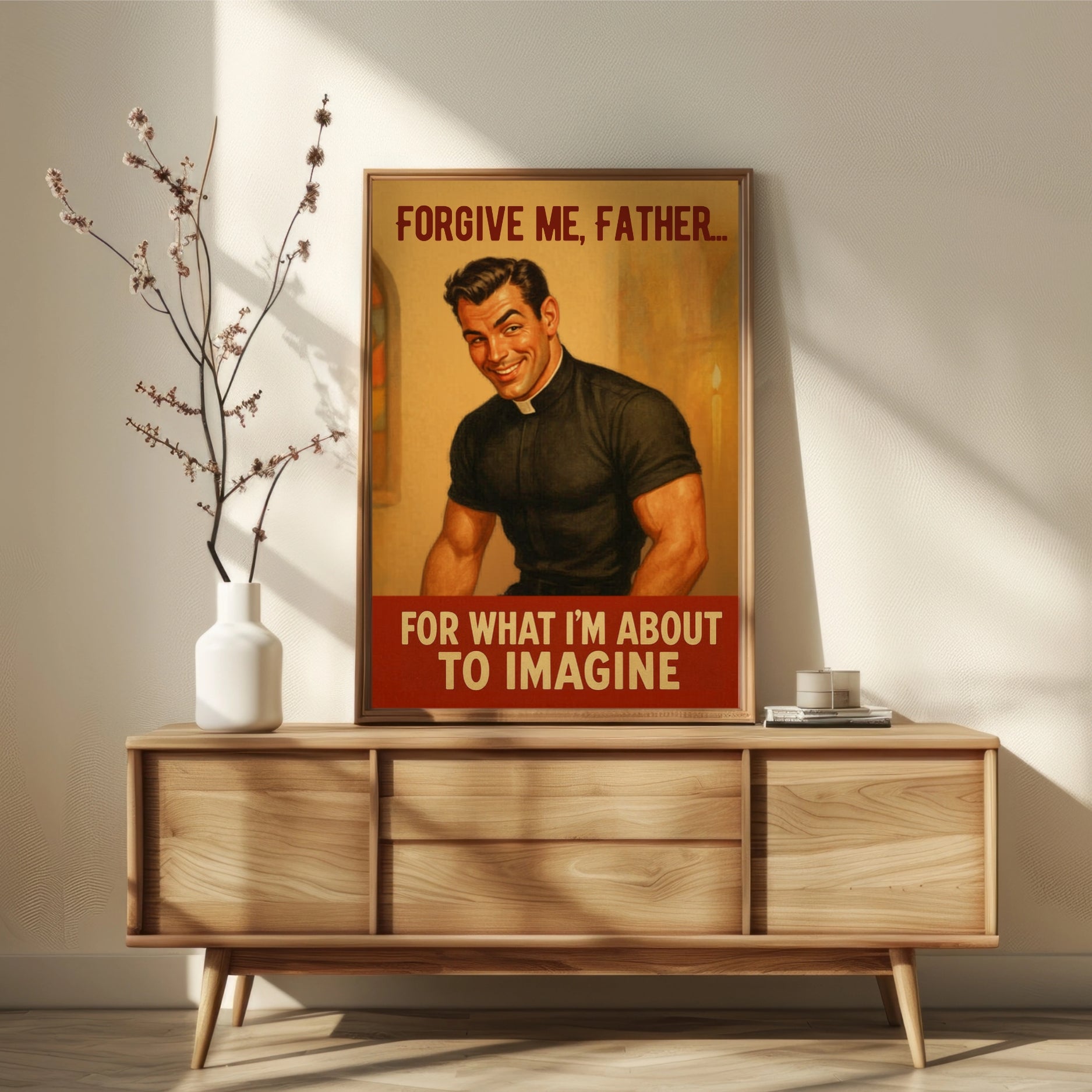 Poster of a man in a priest outfit with text on a wooden cabinet.