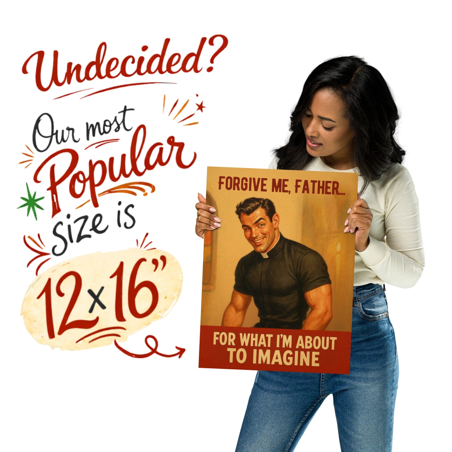 Woman holding a poster with text and a vintage-style illustration, promoting a product size of 12x16 inches.