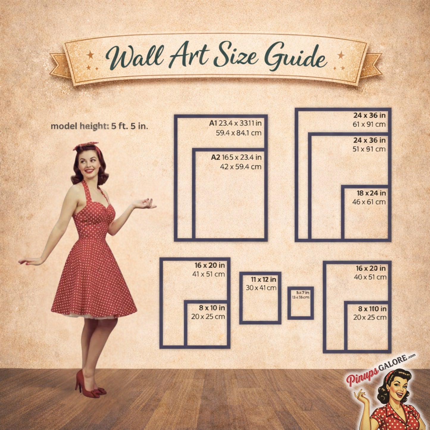 Wall art size guide with a model height reference on a vintage-style background