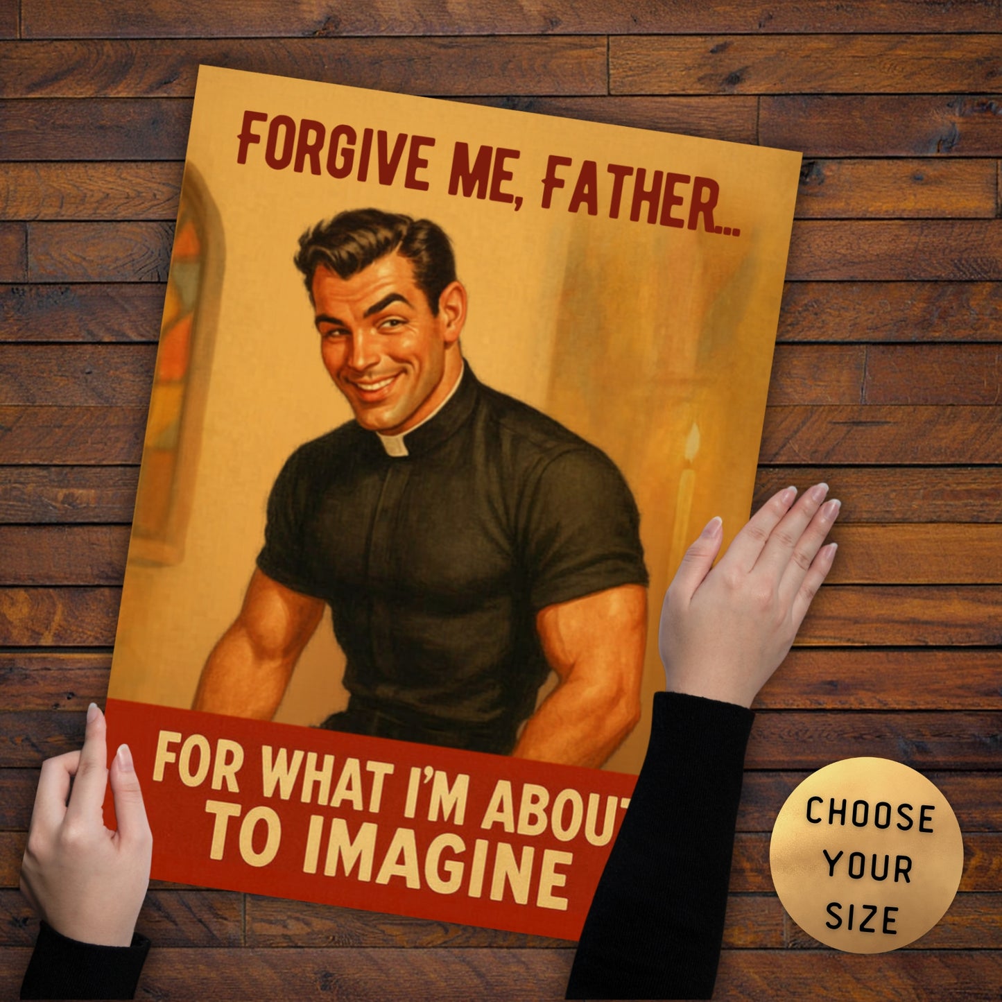 Poster of a man in a priest outfit with text on a wooden background