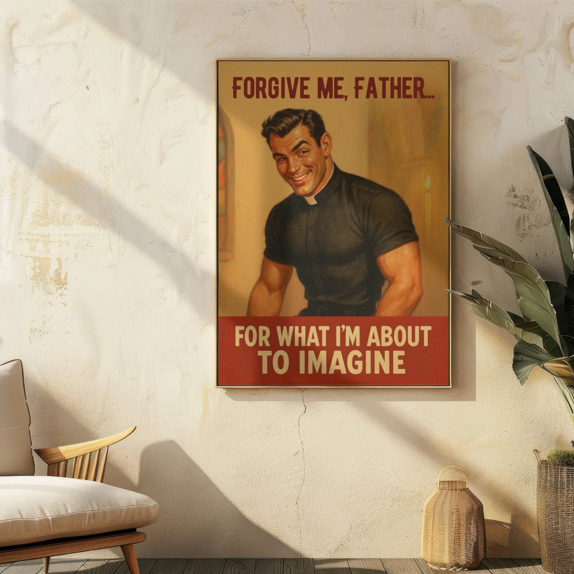 Poster with a man in a priest outfit on a wall in a room with a chair and plant.