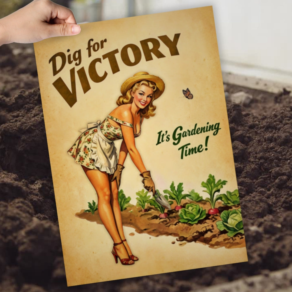 Vintage-style poster with a woman gardening and text 'Dig for Victory, It's Gardening Time!' held over soil.